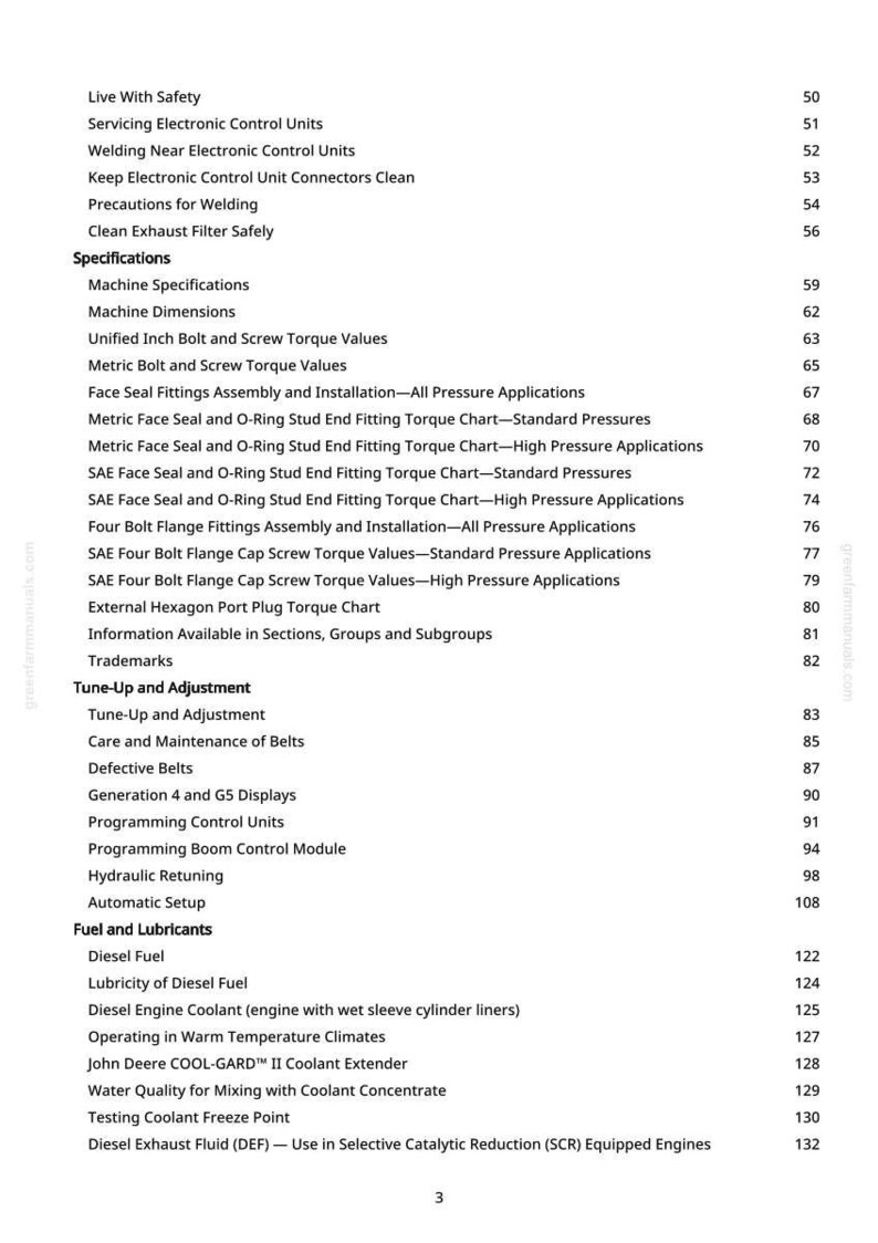 May include: A manual page featuring a detailed table of contents. Sections cover safety, specifications, tune-up, and fuel. Page numbers are displayed on the right-hand side of the page.