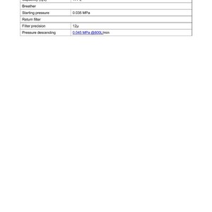 May include: A white page with a table of specifications for a hydraulic oil tank. The table includes details like "Pressure seal", "177 L", "0.035 MPa", and "12&mu;". The text "Hydraulic Oil Tank" is at the bottom.