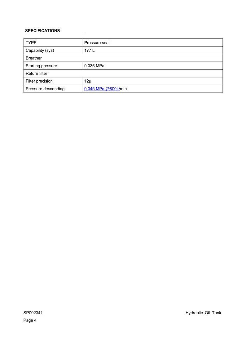 May include: A white page with a table of specifications for a hydraulic oil tank. The table includes details like "Pressure seal", "177 L", "0.035 MPa", and "12&mu;". The text "Hydraulic Oil Tank" is at the bottom.