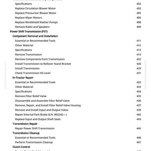 May include: A white page with a detailed table of contents for a manual. The text includes sections on vehicle components, repair, and installation procedures. Page numbers are listed on the right.