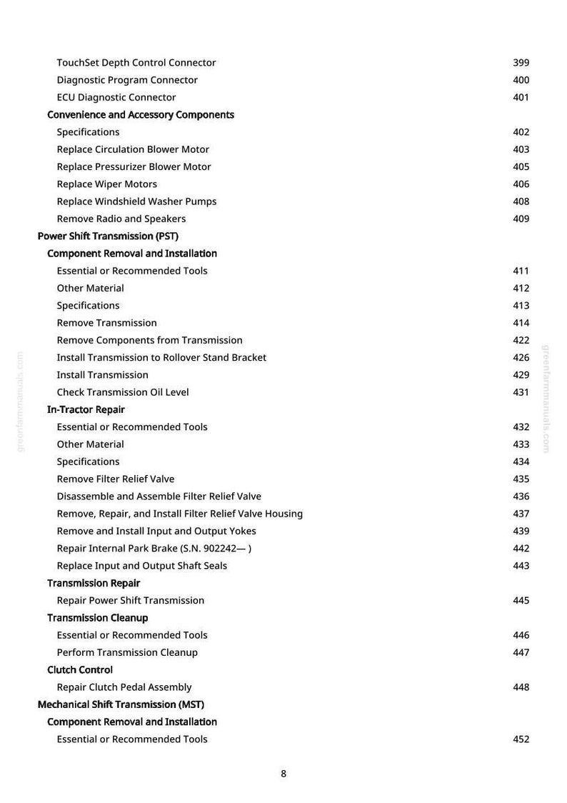 May include: A white page with a detailed table of contents for a manual. The text includes sections on vehicle components, repair, and installation procedures. Page numbers are listed on the right.