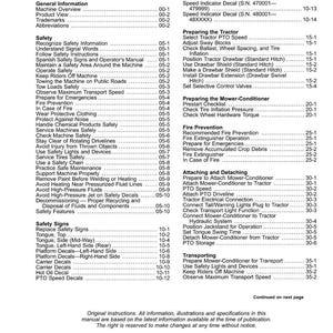 May include: A contents page from an equipment manual, detailing safety procedures, maintenance, and operational guidelines. The document includes sections on safety signs, fire prevention, and attaching/detaching components.
