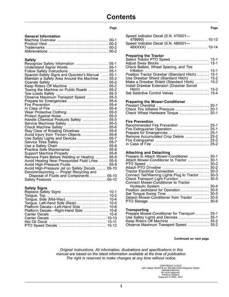 May include: A contents page from an equipment manual, detailing safety procedures, maintenance, and operational guidelines. The document includes sections on safety signs, fire prevention, and attaching/detaching components.