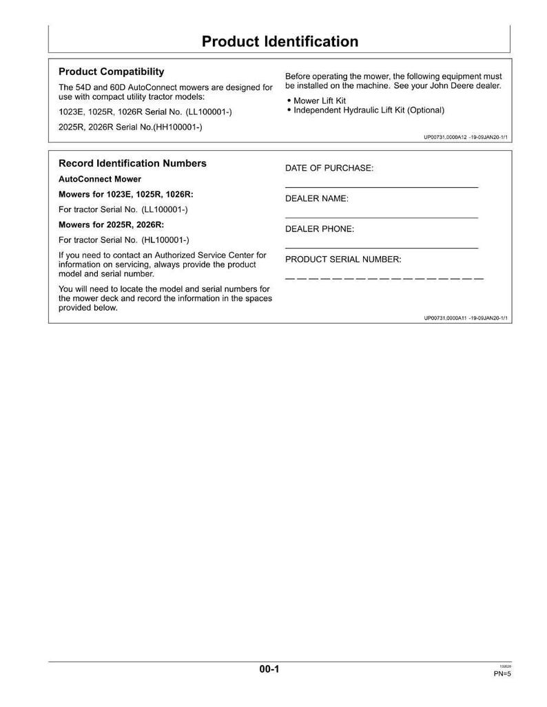 May include: A product identification sheet titled "Product Identification". It details product compatibility, record identification numbers, and spaces for purchase information. Includes text about mower models and serial numbers.