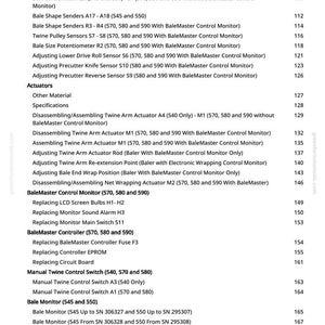 May include: A detailed list of components and their corresponding page numbers for a machine, likely agricultural equipment. The text includes terms like "Actuator," "Sensor," and "Controller," suggesting a technical manual or parts list.