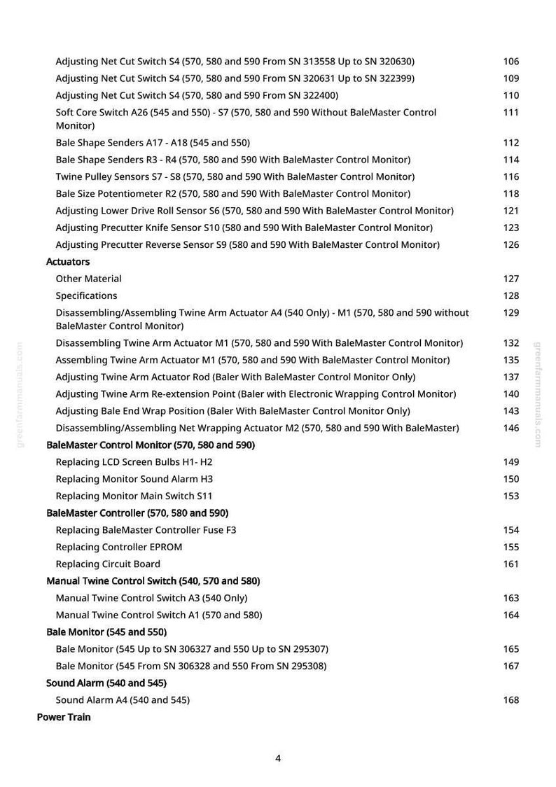 May include: A detailed list of components and their corresponding page numbers for a machine, likely agricultural equipment. The text includes terms like "Actuator," "Sensor," and "Controller," suggesting a technical manual or parts list.