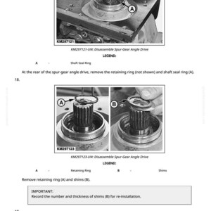 May include: Diagram illustrating the disassembly of a spur-gear angle drive. The image provides detailed views of components such as retaining rings, shaft seal rings, and shims. Text labels and arrows guide the user through the process.