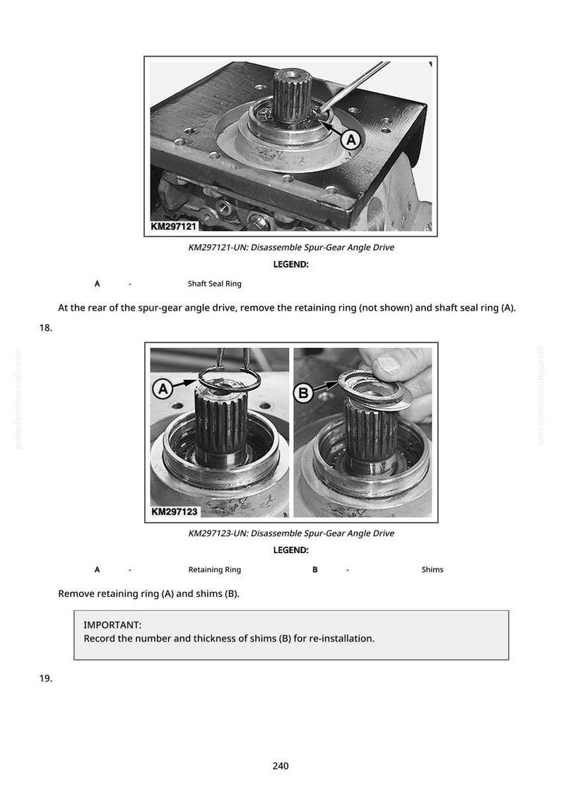 May include: Diagram illustrating the disassembly of a spur-gear angle drive. The image provides detailed views of components such as retaining rings, shaft seal rings, and shims. Text labels and arrows guide the user through the process.