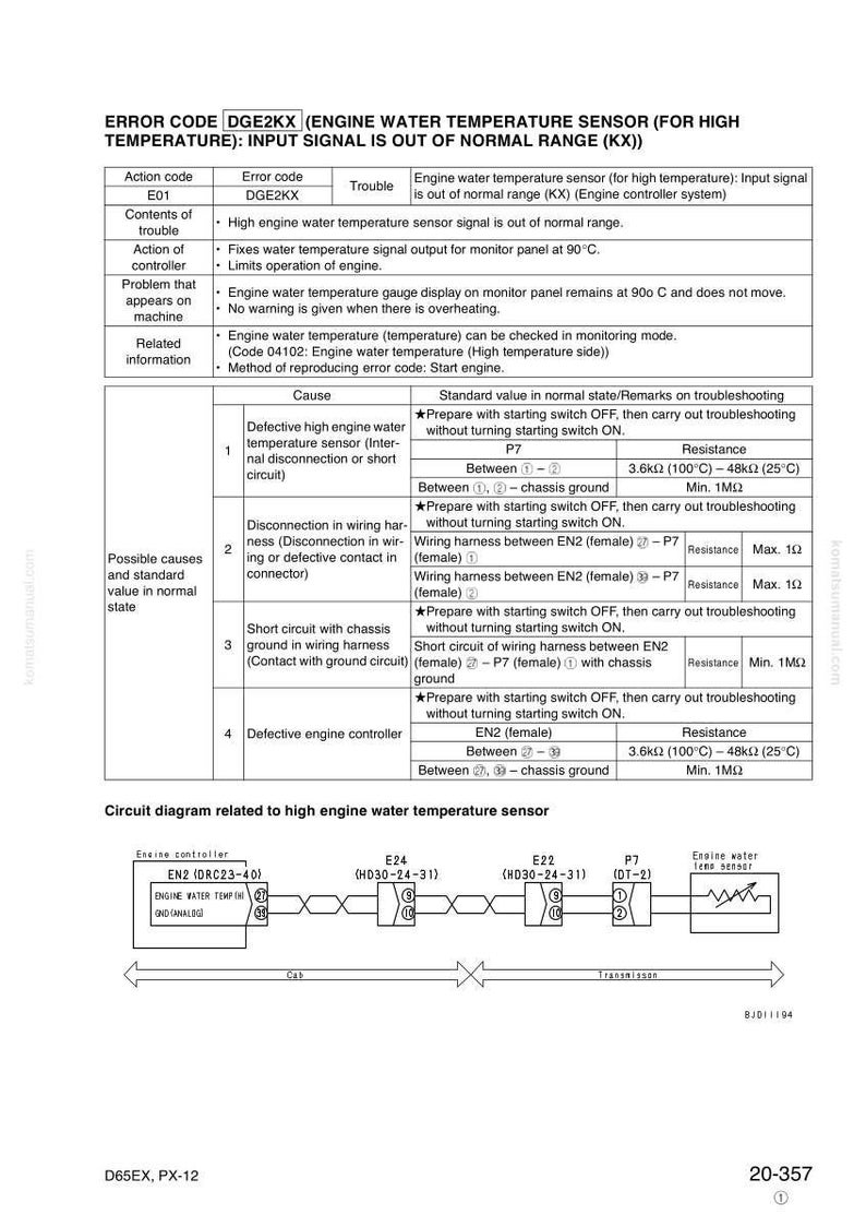 May include: A detailed technical diagram with the error code DGE2KX, related to the engine water temperature sensor. The image includes troubleshooting steps, resistance values, and a circuit diagram for the engine controller.