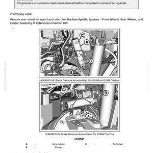 K&ouml;nnte beinhalten: Diagramm eines Bremsventils und Druckspeichers f&uuml;r Traktoren. Das Bild enth&auml;lt Nahaufnahmen des Speichers, der Anschl&uuml;sse und der Klemmen mit den Bezeichnungen A, B und C. Text liefert Anweisungen zur Wartung des Systems.
