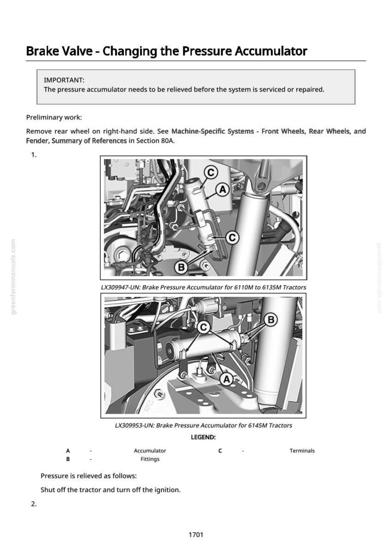 K&ouml;nnte beinhalten: Diagramm eines Bremsventils und Druckspeichers f&uuml;r Traktoren. Das Bild enth&auml;lt Nahaufnahmen des Speichers, der Anschl&uuml;sse und der Klemmen mit den Bezeichnungen A, B und C. Text liefert Anweisungen zur Wartung des Systems.