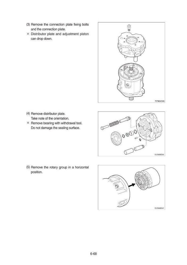 May include: Technical diagram illustrating mechanical components, such as a distributor plate and rotary group. The image shows exploded views with labels detailing removal steps. Text provides instructions for disassembly of the parts.