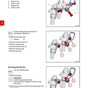 May include: Diagram of fuel pipes with labels for fuel line, sealing ring, and hollow screw. Instructions include removing and mounting the fuel line, with attention to tension and faults. The image is from DEUTZ.