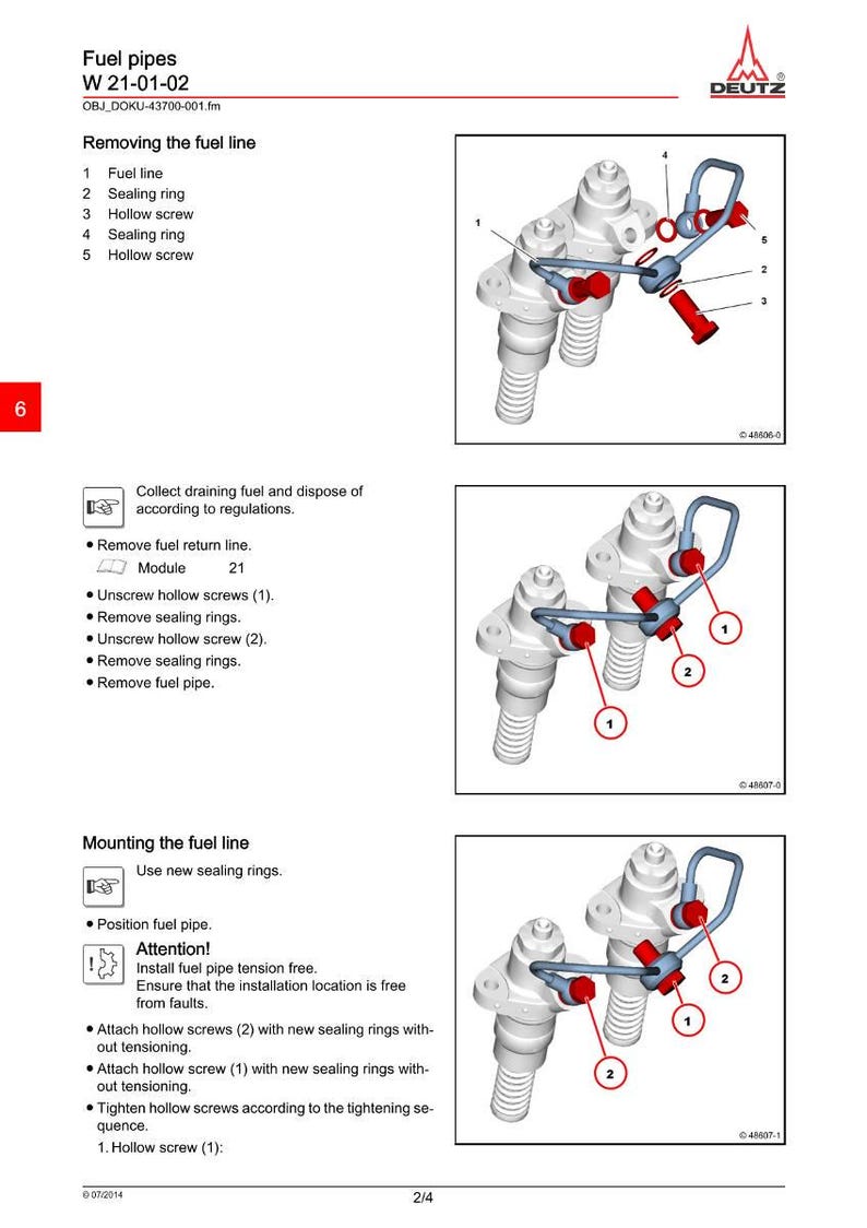 May include: Diagram of fuel pipes with labels for fuel line, sealing ring, and hollow screw. Instructions include removing and mounting the fuel line, with attention to tension and faults. The image is from DEUTZ.
