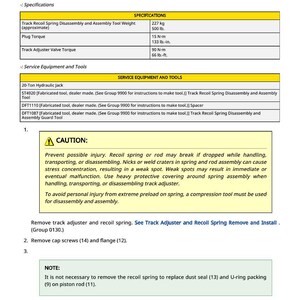 May include: A technical diagram with specifications for track adjuster and recoil spring disassembly. Includes torque values in lb-in and lb-ft, and tool weight in pounds. A caution section warns of potential injury during handling.