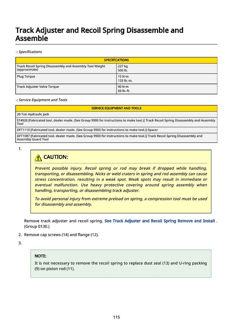May include: A technical diagram with specifications for track adjuster and recoil spring disassembly. Includes torque values in lb-in and lb-ft, and tool weight in pounds. A caution section warns of potential injury during handling.