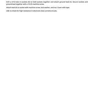May include: Diagram with text instructions for electrical work. Includes a legend with measurements in millimeters, and instructions for connecting sockets and leads. The text also mentions alligator clips, machine screws, and tape.