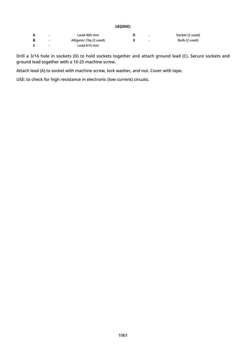 May include: Diagram with text instructions for electrical work. Includes a legend with measurements in millimeters, and instructions for connecting sockets and leads. The text also mentions alligator clips, machine screws, and tape.