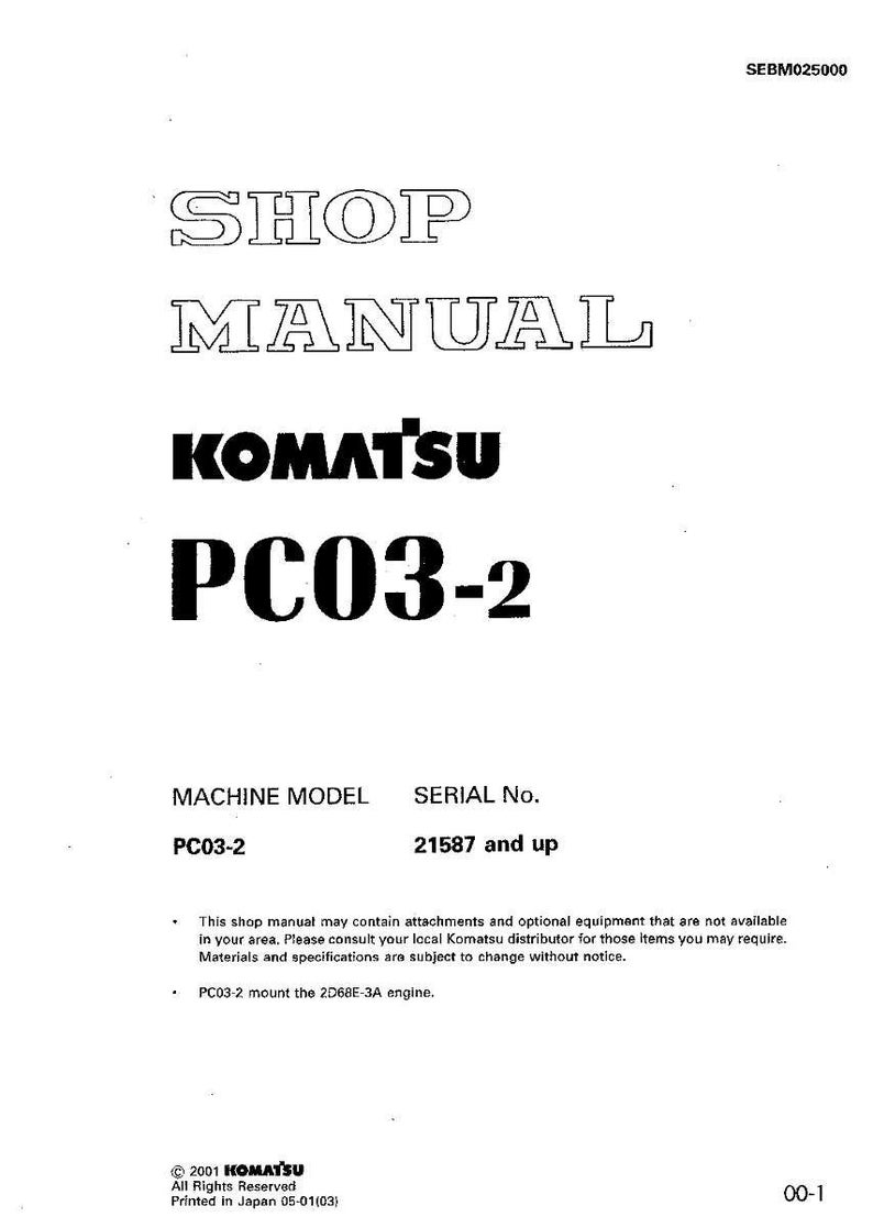 May include: A white shop manual with the text "SHOP MANUAL" in a stylized font. The Komatsu logo and "PC03-2" are prominently displayed. The manual includes machine model and serial number information.