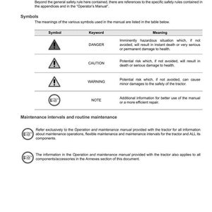 May include: A page from a manual with the ARGO TRACTORS logo. The manual includes safety symbols with keywords like "DANGER" and "CAUTION", and information on maintenance intervals. The text is in black on a white background.