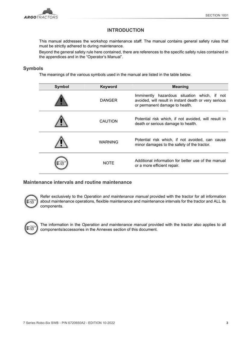 May include: A page from a manual with the ARGO TRACTORS logo. The manual includes safety symbols with keywords like "DANGER" and "CAUTION", and information on maintenance intervals. The text is in black on a white background.