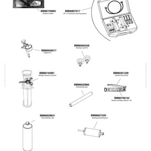 May include: An assortment of mechanical tools and components, including a hydraulic tester, pressure checking device, and grease pump. The image also shows an inflation kit, a nitrogen pressure reducer, and a rust protector wax.