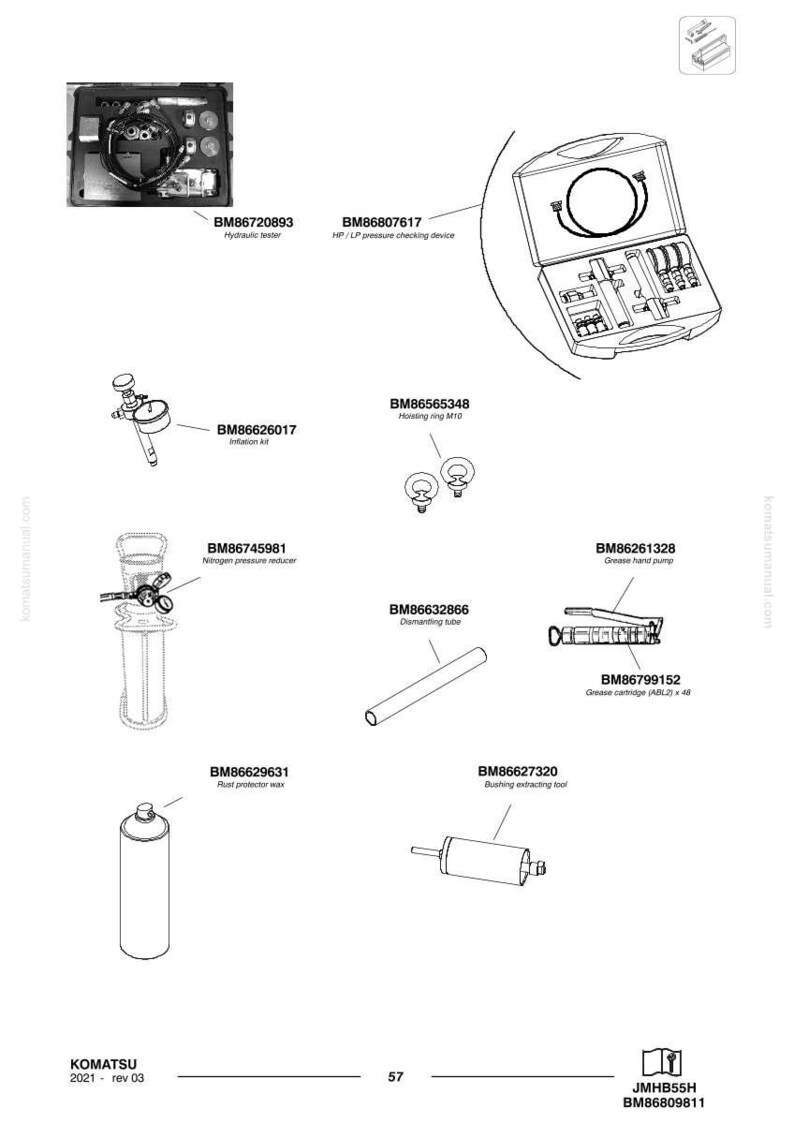 May include: An assortment of mechanical tools and components, including a hydraulic tester, pressure checking device, and grease pump. The image also shows an inflation kit, a nitrogen pressure reducer, and a rust protector wax.