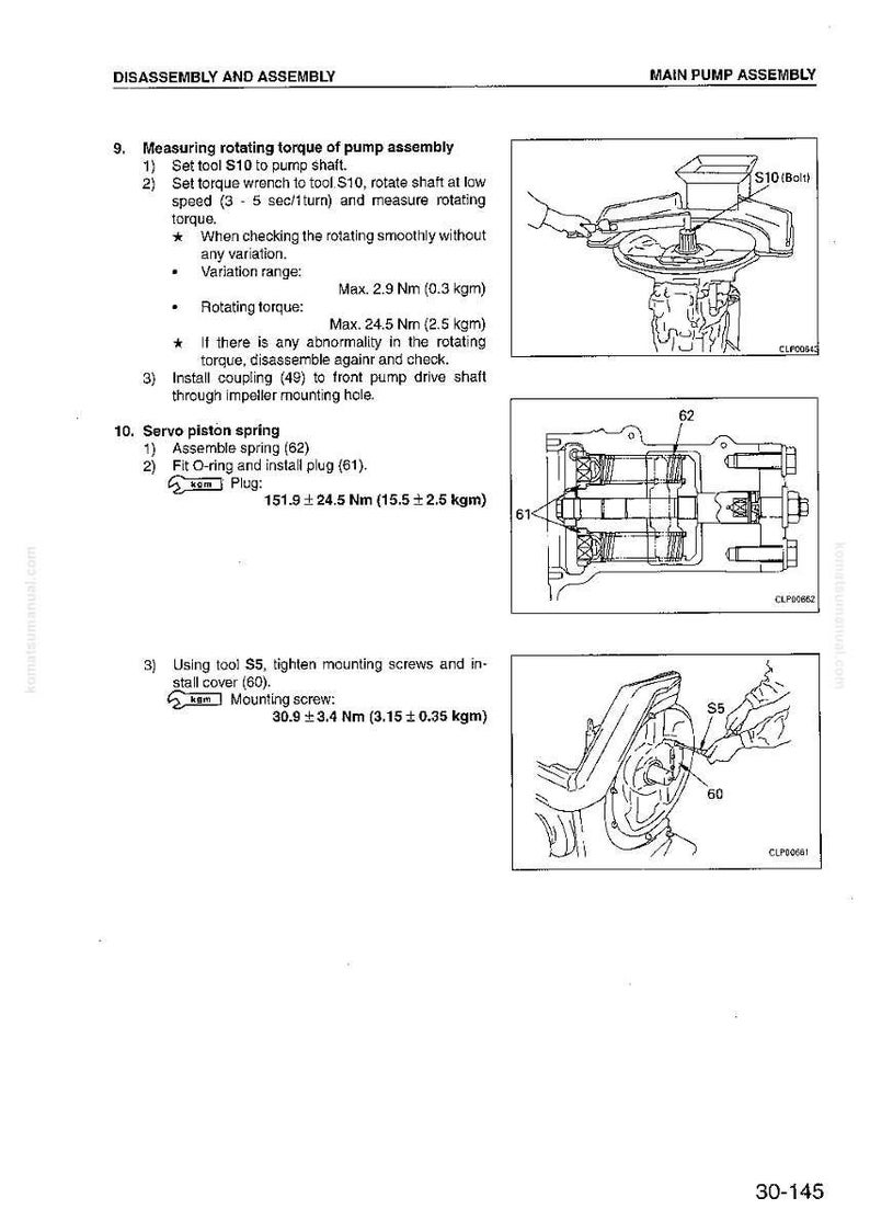 May include: Diagram from a manual showing pump assembly and disassembly instructions. Includes illustrations of tools, components, and torque specifications in Newton meters and kilogram-meters. The text includes measurements in both metric and imperial units.