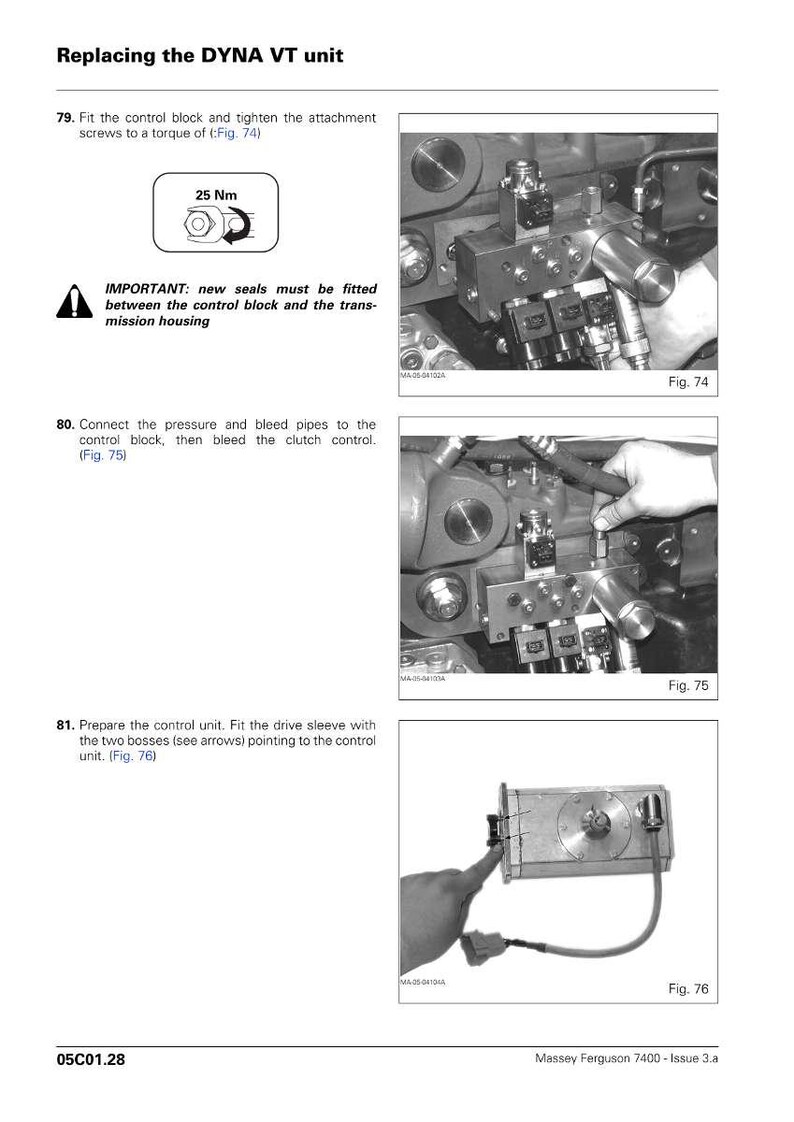 May include: A page from a manual titled "Replacing the DYNA VT unit." It includes diagrams and instructions for mechanical assembly, with text and illustrations detailing steps like tightening screws to 25 Nm and connecting pipes.