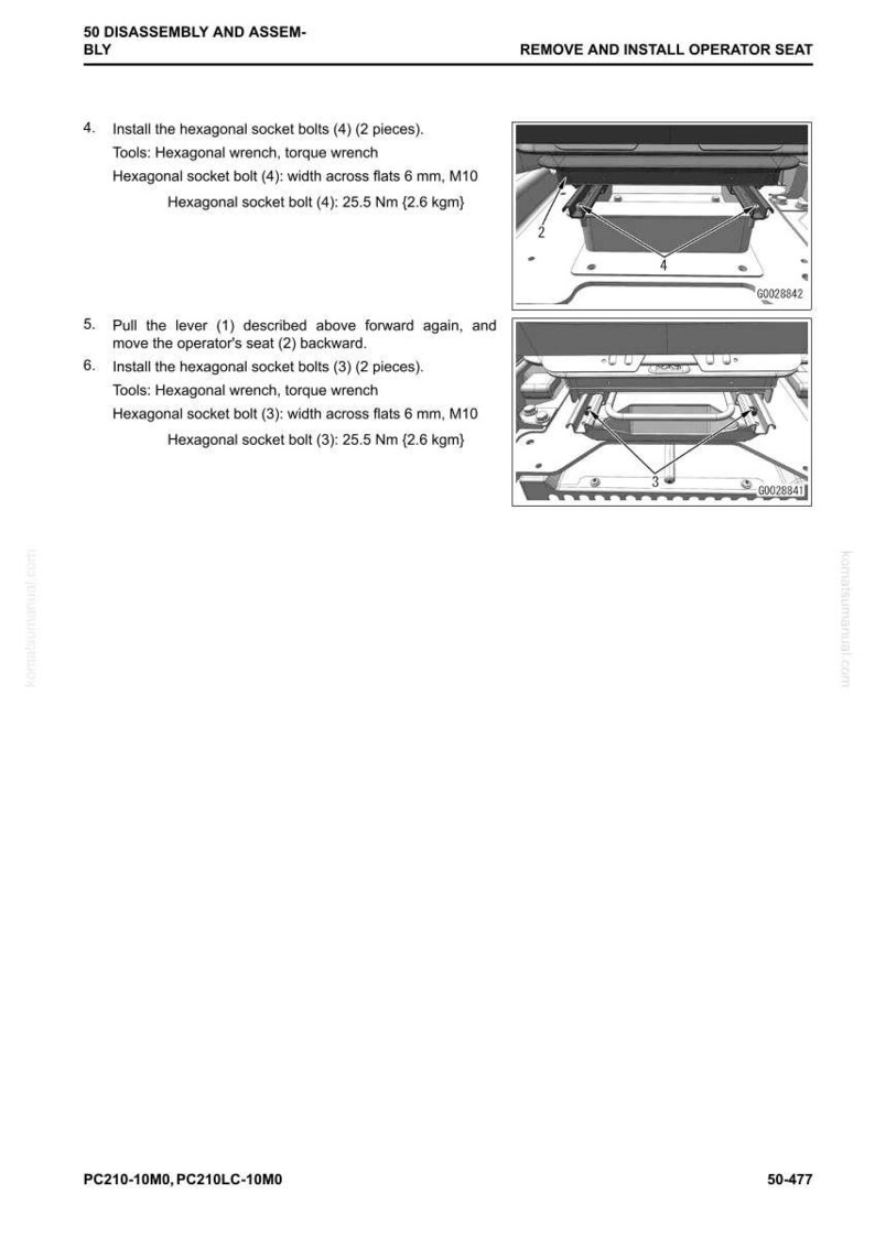 May include: Diagram from a manual showing the removal and installation of an operator seat. The image includes instructions for installing hexagonal socket bolts and using a hexagonal wrench. Measurements are provided in Nm and kgm.