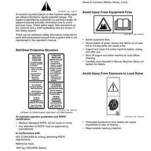 May include: A page from a manual titled "Safety Labels No-Text" with safety information for John Deere mowers. The page includes warnings about fire, noise, and roll-over protective structures, with diagrams and text in English and Spanish.