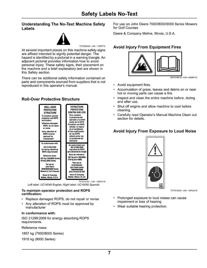 May include: A page from a manual titled "Safety Labels No-Text" with safety information for John Deere mowers. The page includes warnings about fire, noise, and roll-over protective structures, with diagrams and text in English and Spanish.