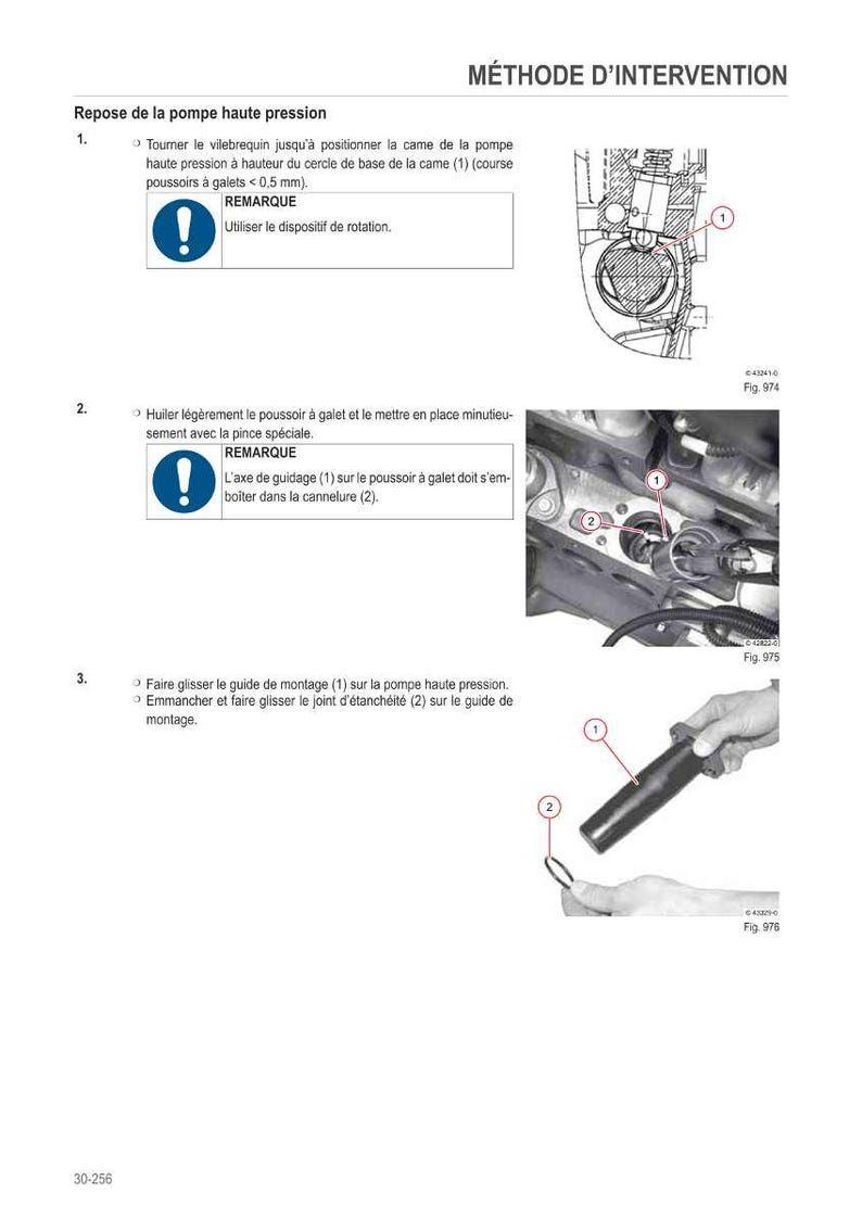 May include: A page from a manual detailing the method of intervention for a high-pressure pump. The text is in French, with diagrams and numbered steps. Includes images of parts and assembly instructions.