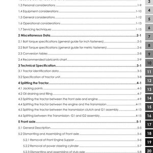 May include: A detailed contents list from a manual for Argo Tractors. The document is titled "1 Introduction and Safety" and includes sections on equipment, operations, and servicing. The document is white with black text.