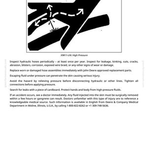 May include: Black and white illustration warning about high-pressure fluids. The image shows a hand with arrows indicating fluid flow and potential injury. Text advises on safety measures and medical assistance.