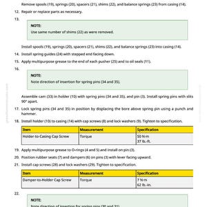 Puede incluir: Un diagrama t&eacute;cnico detallado con instrucciones de montaje. El texto detalla los pasos para instalar componentes como bobinas, resortes y gu&iacute;as, con especificaciones de par en N-m y lb.-in. para tornillos de cabeza cil&iacute;ndrica. El diagrama es de greenfarmmanuals.com.