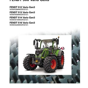 May include: A workshop service manual for Fendt 500 Vario Gen3 tractors. The image shows a green and black tractor with orange wheels. The Fendt logo is at the top right. The manual lists several tractor models.