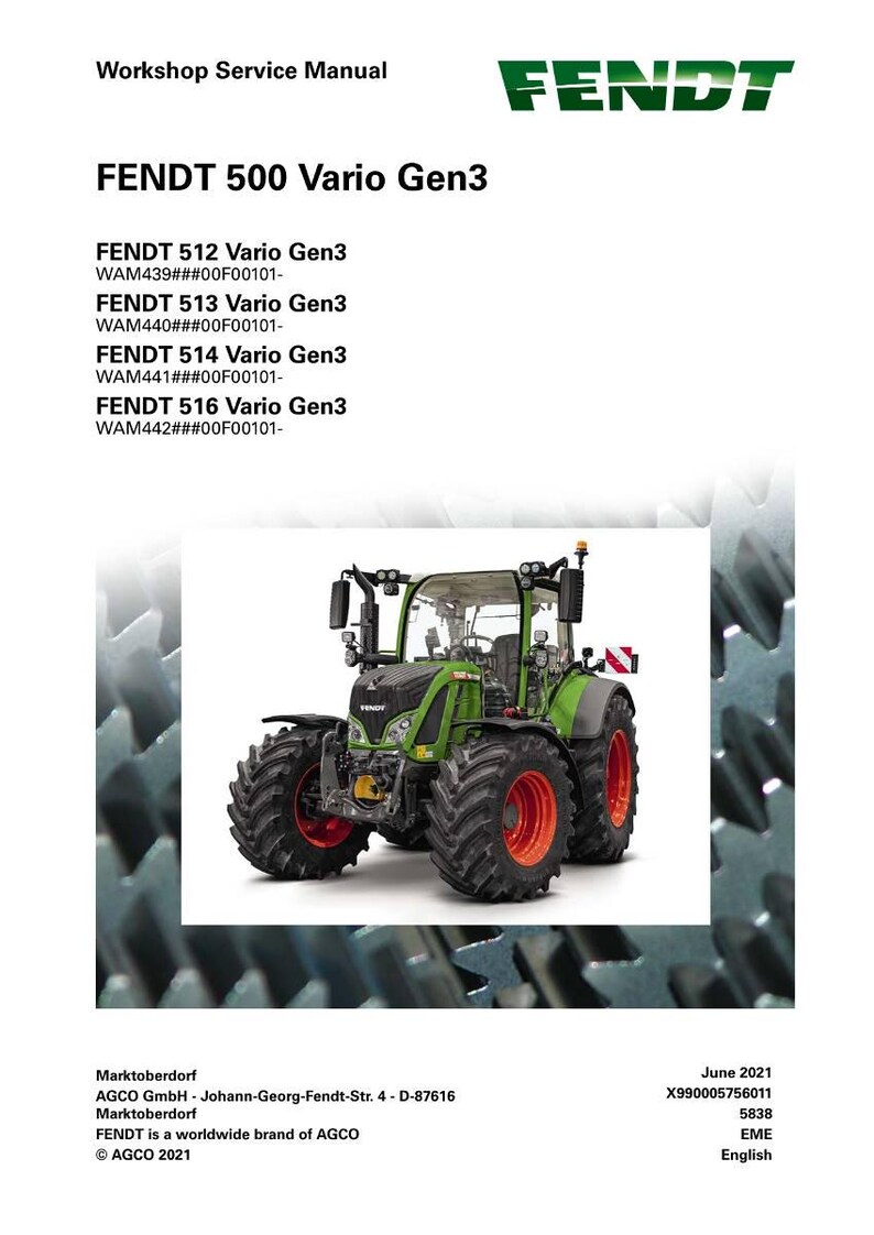May include: A workshop service manual for Fendt 500 Vario Gen3 tractors. The image shows a green and black tractor with orange wheels. The Fendt logo is at the top right. The manual lists several tractor models.