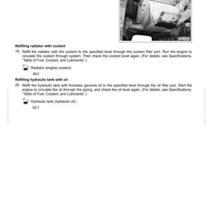 May include: A page from a Komatsu engine repair manual. The text reads "Remove and Install Engine Front Oil Seal." The image shows a diagram of an engine component. Instructions include refilling the radiator with coolant and the hydraulic tank with oil.