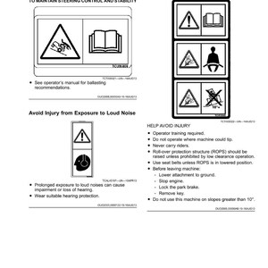 May include: A page of safety labels with black and white pictograms and text. The labels warn about hazards and provide instructions for safe operation, including avoiding loud noise and following operator training.