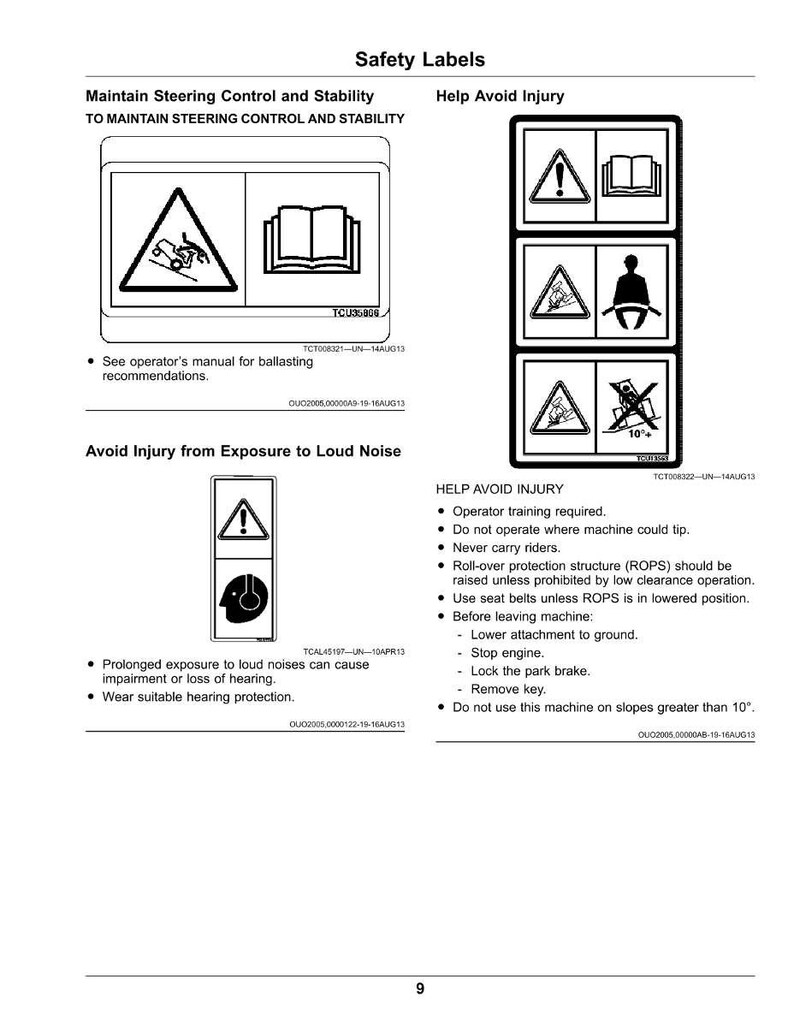 May include: A page of safety labels with black and white pictograms and text. The labels warn about hazards and provide instructions for safe operation, including avoiding loud noise and following operator training.