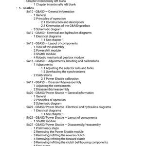 May include: A detailed technical document with a table of contents. The document outlines mechanical and electronic engine components, including the Perkins 1104D Tier 3 engine, gearbox, electrical diagrams, and assembly layouts. The text is in black.