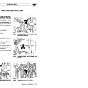 Op de afbeelding: Een zwart-wit pagina uit een tractorhandleiding, getiteld "Tractoridentificatie". Het bevat diagrammen en tekst die uitleggen hoe je tractor serienummers kunt identificeren, met illustraties van motor- en frameonderdelen.