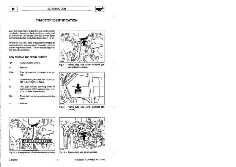 Op de afbeelding: Een zwart-wit pagina uit een tractorhandleiding, getiteld "Tractoridentificatie". Het bevat diagrammen en tekst die uitleggen hoe je tractor serienummers kunt identificeren, met illustraties van motor- en frameonderdelen.