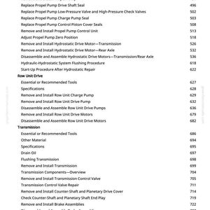 May include: A detailed contents list from a manual, outlining procedures for hydrostatic drive components, row unit drive, and transmission systems. The text is black on white, with page numbers on the right.