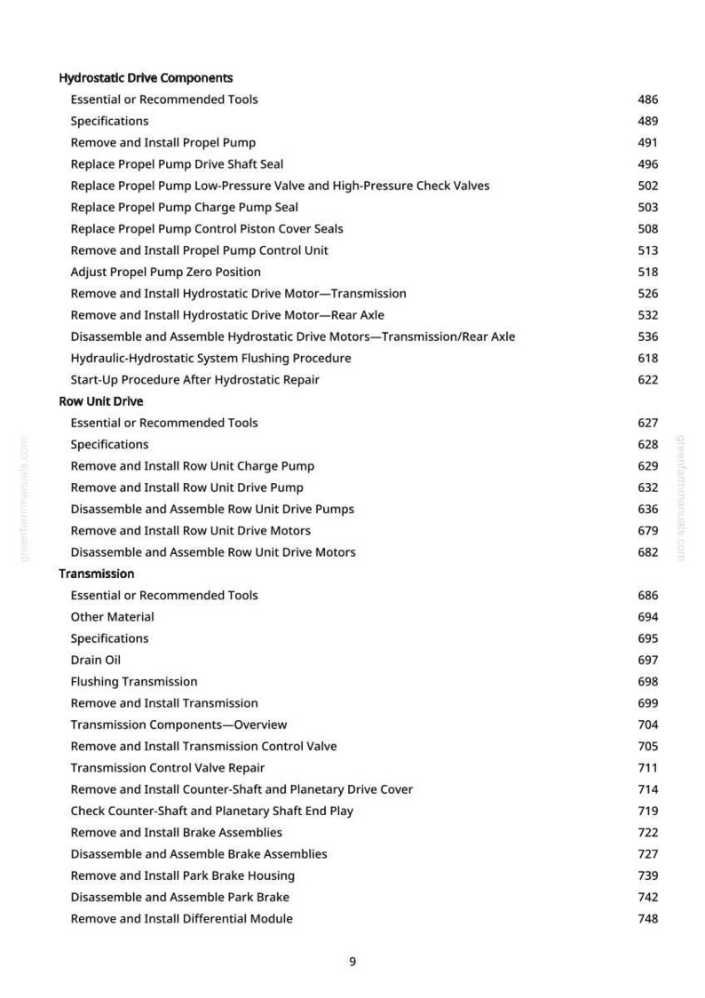 May include: A detailed contents list from a manual, outlining procedures for hydrostatic drive components, row unit drive, and transmission systems. The text is black on white, with page numbers on the right.