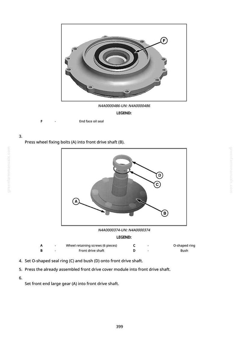 May include: Diagram of automotive parts, including a circular component with an end face oil seal and a front drive shaft with wheel retaining screws and an O-shaped ring. Text labels identify each part.