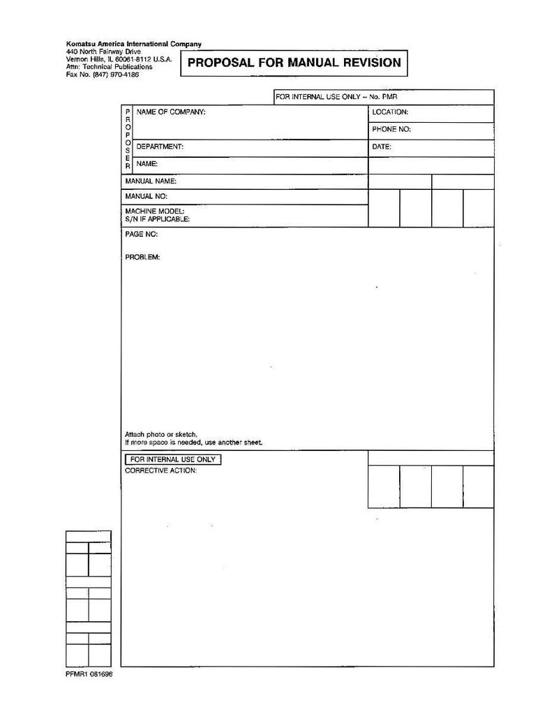 K&ouml;nnte beinhalten: Ein wei&szlig;es Dokument mit der &Uuml;berschrift "VORSCHLAG ZUR MANUELLEN &Uuml;BERARBEITUNG" mit Textfeldern f&uuml;r Unternehmensinformationen, Handbuchdetails und Problembeschreibungen. Das Dokument enth&auml;lt das Logo und die Kontaktinformationen der Komatsu America International Company.