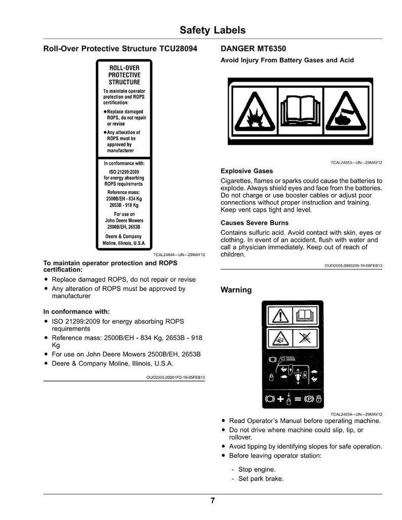 May include: A safety label with the text "Safety Labels" at the top. The image contains warnings about battery gases, acid, and rollover protective structures. It includes instructions and safety precautions for operating machinery.