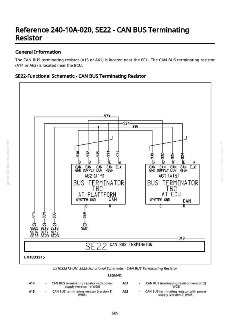 May include: Diagram of a CAN BUS terminating resistor, labeled SE22, with a functional schematic. The diagram includes labels for A14, A15, A61, and A62, along with other components and connection points.